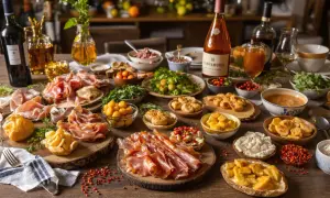 Un festin pour un apéritif : charcuterie, fromages, fruits, légumes et bouteilles de vin sur une table en bois.