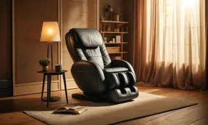 En lyxig svart massagefåtölj står på en matta i ett rum med varm belysning. Bredvid finns ett litet bord med en lampa och en bok.