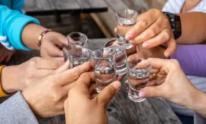 Grupa osób wznosi toast kieliszkami. Pamiętajmy, że alkohol obciąża nerki.