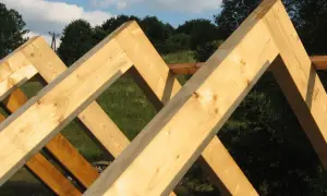 Drewniane krokwie tworzą solidne połączenie z płatwią, budując konstrukcję dachu na tle zieleni i błękitnego nieba.