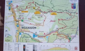 Mapa szlaków rowerowych w Kaczawskich Single Trackach, z zaznaczonymi trasami, punktami widokowymi i atrakcjami.