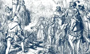 Jan Hus Tag: Ein Mann wird am Scheiterhaufen verbrannt, während Reiter und eine Menge zusehen.