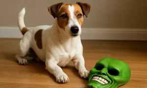 Jack Russell terrier obok zielonej maski z filmu "Maska". Pies z maski rasa, gotowy do zabawy.