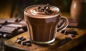 Ein Glas cremiger cioccolata calda, garniert mit Schokoladenstückchen, auf einem Holzbrett mit Kakaopulver und Schokoladenriegeln.