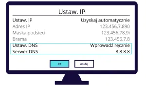Okno ustawień sieciowych z polami IP, maski, bramy i DNS.