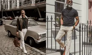 Zwei Männer in lässiger Kleidung. Links ein Mann mit brauner Lederjacke und schwarzem Polohemd, daneben ein Oldtimer. Rechts ein Mann in schwarzem Polohemd und beiger Hose.