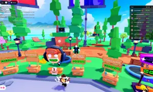 Gra Roblox z kilkoma graczami przy stoiskach z darowiznami w kolorowym, kreskówkowym świecie.