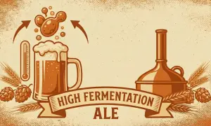 Lievito in azione per la fermentazione alta di una ale. Termometro, luppolo, orzo e alambicco completano la scena.