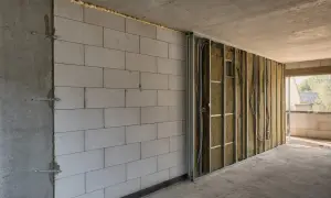 Ściana z bloczków zbrojona metalowym stelażem, w nieogrzewanym domu, czeka na karton gips. Izolacja z wełny mineralnej i instalacja elektryczna widoczne.