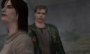 James Sunderland i Maria w mglistym otoczeniu, ulepszona grafika z Silent Hill 2 Enhanced Edition.