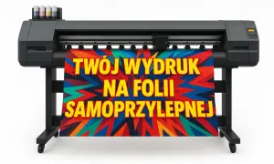 Drukarka wielkoformatowa z kolorowym wydrukiem na folii samoprzylepnej.