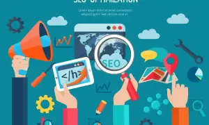Manos trabajando en SEO: megáfono, tablet con código, lupa sobre mapa mundial y gráfico. Ideas para cómo solucionar los problemas SEO.