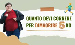 Un uomo in sovrappeso corre sorridendo, mentre un'icona stilizzata di un corridore si libra in aria. Il testo recita: "Quanto correre per dimagrire 5 kg".