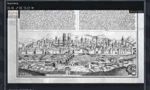 Regensburg in der schedelsche weltchronik: eine detailreiche Stadtansicht mit Fluss, Brücken und vielen Gebäuden, umgeben von Bergen.