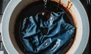 Dżinsy w ciemnej kąpieli, być może by pozbyć się nieprzyjemnego zapachu nowych jeansów.
