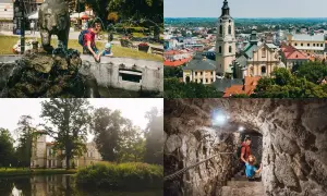 Dzieci bawią się przy fontannie z niedźwiedziem, widok na miasto z wieżą kościelną, pałac nad jeziorem i schody w jaskini. Warto przemyśl atrakcje!