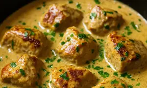 Un savoureux sauté de porc à l'ancienne, mijoté dans une sauce crémeuse et parsemé de persil frais. Un plat réconfortant et plein de saveurs.
