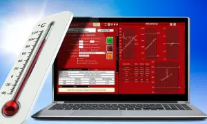 MSI Afterburner zeigt die **MSI Afterburner CPU Temp** auf einem Laptop. Ein Thermometer daneben symbolisiert die Hitze.