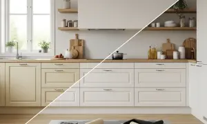 Cocina antes y después de pintar muebles. Gabinetes amarillos transformados a blanco, con rodillos y bandeja de pintura listos.