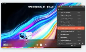 Odtwarzacz wideo z kolorowym, płynnym tłem. Na liście odtwarzania widoczny plik MAGIC FLUIDS 4K HDR.mkv, który właśnie się odtwarza.