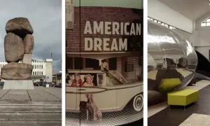 Muzeum w Gdyni: rzeźba, obraz "American Dream" i futurystyczna instalacja.
