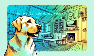 Ein Hund schaut neugierig in ein Wohnzimmer. Ist dein Hund unruhig?