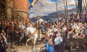 Gustav Vasa på vit häst, omgiven av jublande folk och soldater. En hyllning till Sveriges befriare.