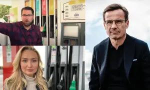 Debatt om höga bensinpriser. En man vid en pump, en kvinna och en politiker. Alger i diesel diskuteras.