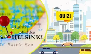 Quiz o stolicy Finlandii, Helsinkach, na tle miasta.