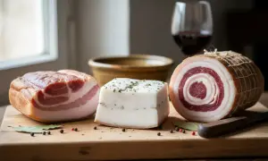 Drei verschiedene Sorten italienischer Speck liegen auf einem Holzbrett. Ein Block, ein Würfel und eine gerollte Variante mit roten und weißen Schichten.