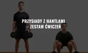 Mężczyzna wykonuje przysiady z hantlami. Ćwiczenie na siłowni.