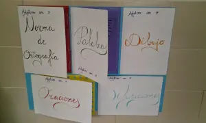 Póster educativo sobre adjetivos con "v": "Norma de Ortografía", "Palabras", "Dibujo", "Oraciones" y "Definiciones".