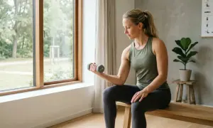 Kvinna tränar biceps med hantel, hoppas hon inte får ont i armbågen gym.