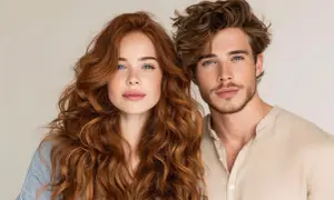 Coppia con capelli mossi: lei con lunghi capelli rossi e lentiggini, lui con capelli castani e barba leggera.
