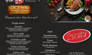 Pub JK Restauracja: Lunch Menu z daniami jak Shoarma, Pierś z grilla, Karkówka. Zupy: Pomidorowa, Żurek. Cena zestawu 31,99 zł.