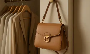 Elegancka brązowa torebka wisi na złotym haczyku, obok wiszących na wieszakach marynarek. Idealny sposób, jak przechowywać torebki, by były zawsze gotowe do użycia.