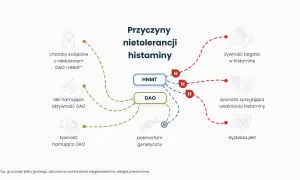 Schemat przyczyn nietolerancji histaminy, uwzględniający rolę DAO, polimorfizm genetyczny i czynniki żywieniowe.