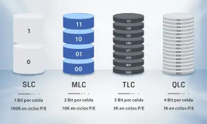 Comparación de SLC, MLC, TLC y QLC: cada uno representa más bits por celda, con QLC almacenando 4 bits.