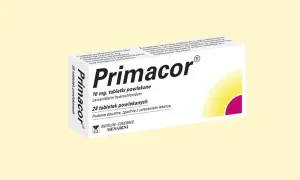 Opakowanie leku Primacor 10 mg, zawierające 28 tabletek powlekanych. Stosowany zgodnie z zaleceniem lekarza.