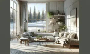 Mysig lounge med skandinavisk design inredning. En stor soffa med kuddar och plädar, ett runt soffbord och hyllor med växter och ljus. Utanför fönstret syns en snöig skog.