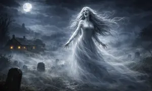 Spettro etereo in un cimitero nebbioso, con una casa illuminata sullo sfondo. Un'immagine che evoca il folclore oscuro e le leggende spettrali.