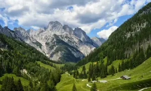 Grüne Almwiesen und Nadelwälder schlängeln sich zu majestätischen Berggipfeln. Kleine Hütten und Pfade deuten auf Berchtesgaden Geheimtipps hin.