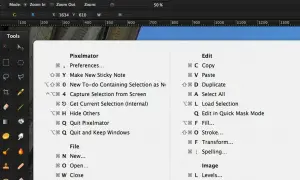 Menu z podpowiedziami skróty klawiszowe Mac: Pixelmator, Edycja, Plik, Obraz.