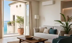 Soggiorno moderno con vista mare. Climatizzatori senza motore esterno per un comfort discreto. Divano, tavolino e piante creano un'atmosfera rilassante.