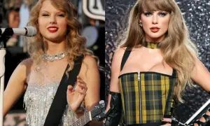Taylor Swift w dwóch odsłonach: młodsza z gitarą i w błyszczącej sukience, starsza w kratowanym gorsecie. Ile lat ma Taylor Swift?