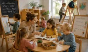 Kinder lernen im situationsorientierter Ansatz Kita. Eine Erzieherin liest vor, während andere malen und basteln.
