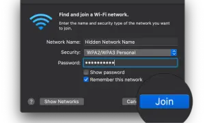 Okno łączenia z siecią Wi-Fi. Wpisano nazwę sieci (ssid) "Hidden Network Name" i hasło. Kliknięto przycisk "Join".