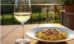 Aromatyczne spaghetti carbonara paruje obok kieliszka schłodzonego, złocistego **białego wina** na drewnianym stole.