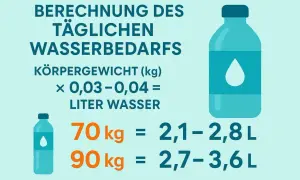 Berechnung des täglichen Wasserbedarfs: 70 kg benötigen 2,1-2,8 L, 90 kg 2,7-3,6 L. Ziel: 3 liter wasser am tag.