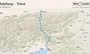Karte zeigt die Route von Salzburg nach Triest, eine der schönsten fernwanderwege alpen.